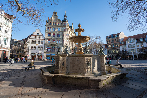 Brunswick, Germany - Jan 15, 2020: Kohlmarkt Square and Fountain - Braunschweig, Lower Saxony, Germany