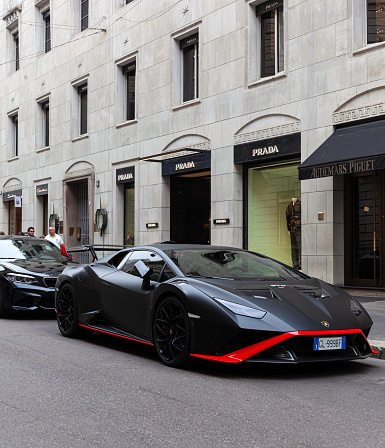 Milan, Italy - Ottobre 16, 2022: Lamborghini Huracán STO super sports car in black parked in Montenapoleone street
