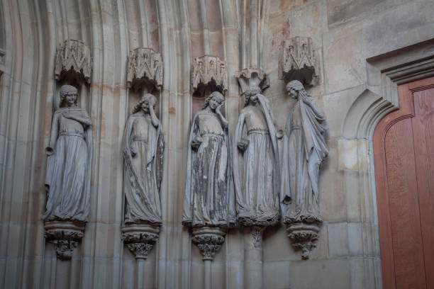 Magdeburg, Germany - Jan 15, 2020: Five foolish virgins showing their sorrow sculptures at Magdeburg Cathedral Interior - Magdeburg, Germany