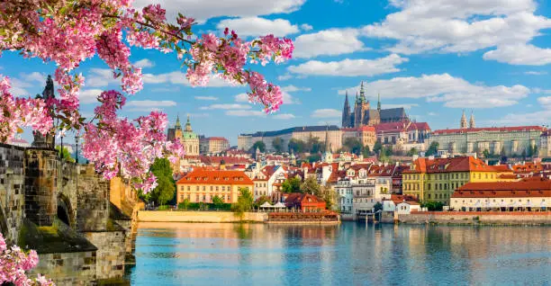 Photo of Scenic Prague panorama with Hradcany castle and Vltava river in spring, Czech Republic