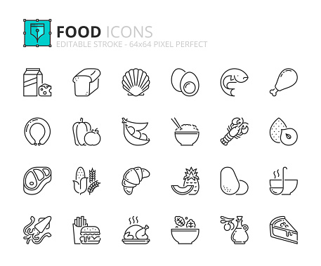 Outline icons about food. Fruit and vegetables. Protein, meat, seafood, dairy, nuts, eggs and legumes. Grain. Fast food, desserts and sugar products. Editable stroke 64x64 pixel perfect.
