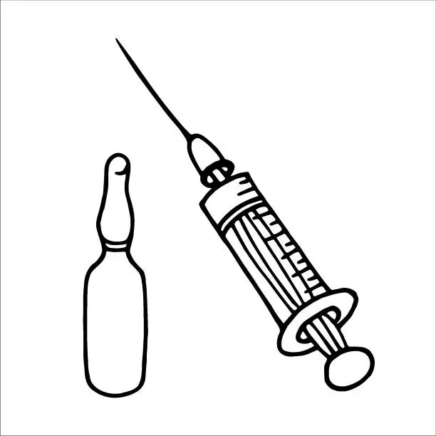 Vector illustration of Syringe and ampoule doodle style vector illustration isolated on white background