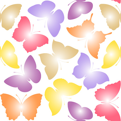 Seamless pattern with pastel colored butterflies on a white background.
