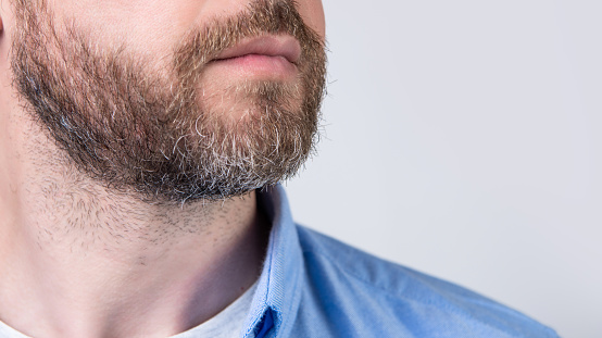 closeup view of bearded man with beard wearing casual shirt. bearded man with beard isolated on grey background. bearded man with beard in studio. photo of bearded man with beard.