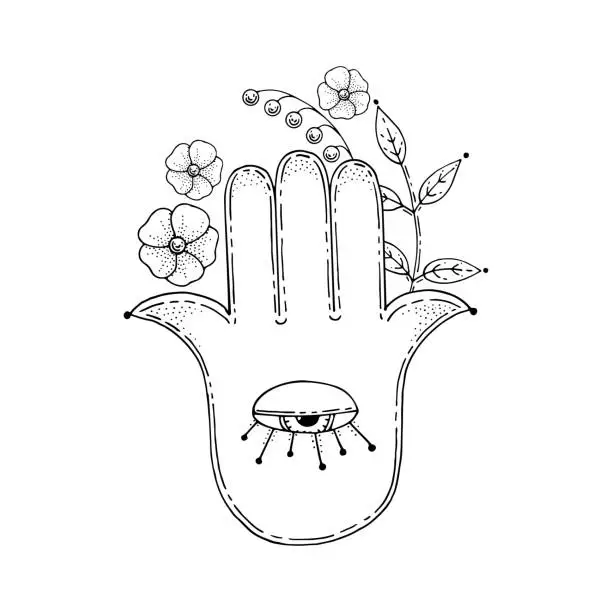 Vector illustration of Hand of Fatima line art. Palm with five fingers. Protective sign of the ancient religion. Symbol of divine power. Prayer sign. Amulet from the evil eye. Hand drawn vector illustration. Gods hand.