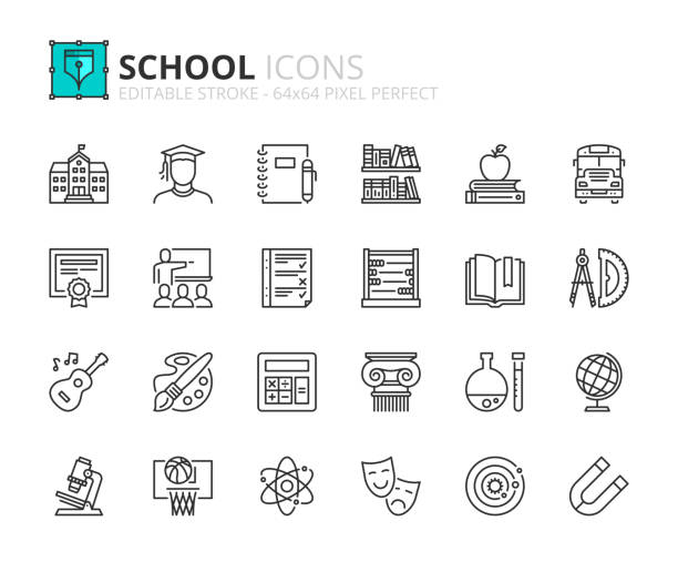 ilustraciones, imágenes clip art, dibujos animados e iconos de stock de iconos de esquema sobre la escuela - school