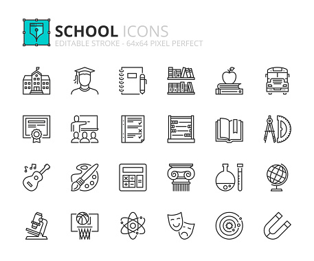 Outline icons about school. Editable stroke. 64x64 pixel perfect.
