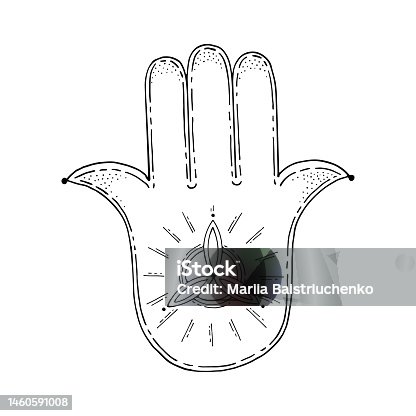 istock Hand of Fatima. Palm with five fingers. Triquetra in a circle. Ancient religion sign. Symbol divine power. Prayer amulet. Hand drawn vector illustration. Gods hand. 1460591008