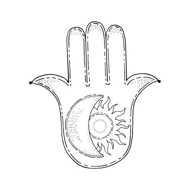 Vector illustration of Hand of Fatima. Palm with five fingers. Lunar crescent sun. Ancient religion sign. Symbol divine power. Prayer amulet. Hand drawn vector illustration. Gods hand.