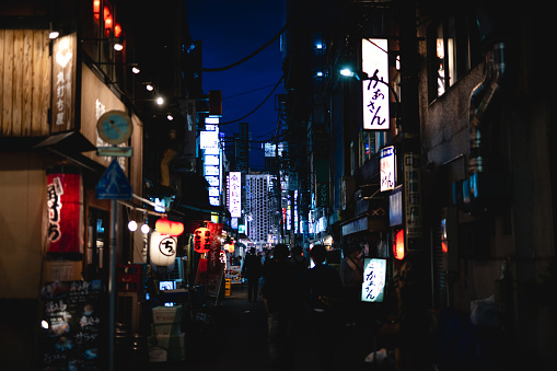 A typical Japanese street with shops and establishments at night. It is illuminated by some neon advertisements and a crowd of people walks in the center of the street.