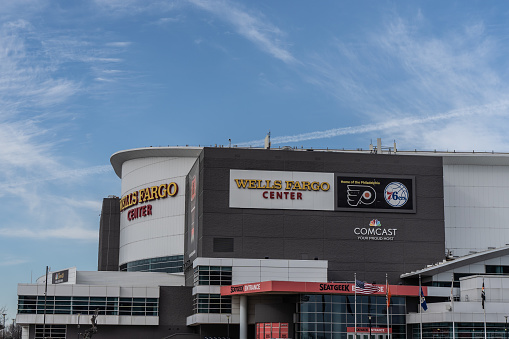 Philadelphia, Pennsylvania: January 29, 2023: Wells Fargo Center home of the Philadelphia Flyers and 76'ers.
