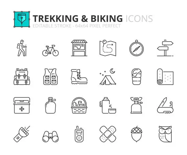 Vector illustration of Simple set of outline icons about trekking and biking.