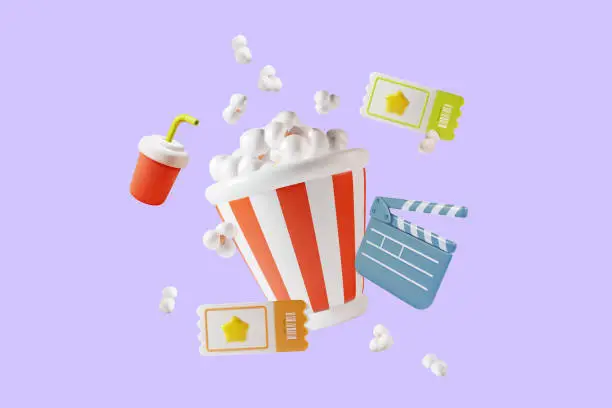 Vector illustration of 3d Cinema Movie Concept Popcorn Bucket with Elements Around. Vector