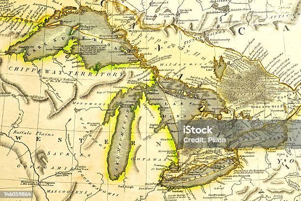 Early Great Lakes Map Stock Photo - Download Image Now - Map, Michigan, Old