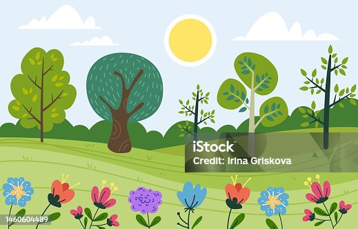 istock Landscape forest vector spring plant flower tree cartoon nature concept. Vector design graphic illustration 1460604489