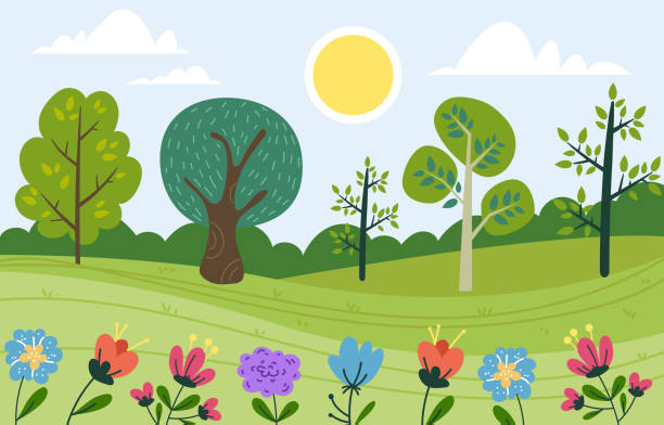 Landscape forest vector spring plant flower tree cartoon nature concept. Vector design graphic illustration Landscape forest vector spring plant flower tree cartoon nature concept. Vector design graphic spring flower mountain landscape stock illustrations