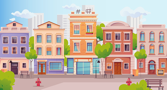 City street vector background background building cartoon house town europe cityscape concept. Vector design graphic