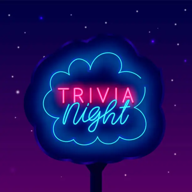 Vector illustration of Trivia night neon steet billboard. Quiz show. Game competition. Speech bubbles frame. Vector illustration