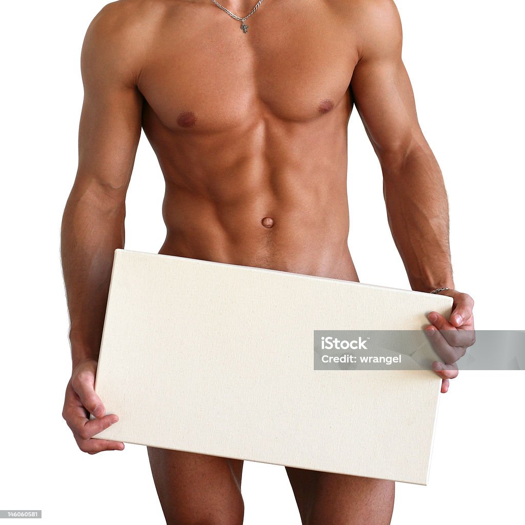 Naked Muscular Torso Covering Copy Space Box Naked muscular torso covering with a copy space box isolated on white Naked Stock Photo