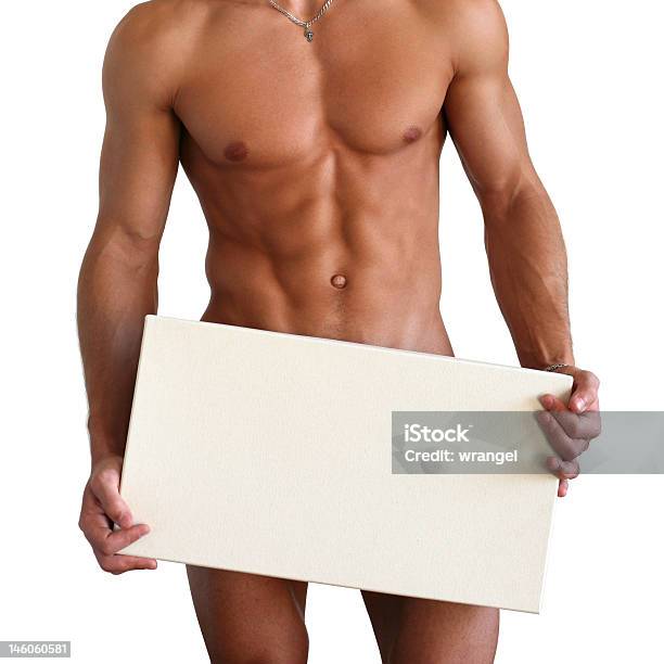Naked Muscular Torso Covering Copy Space Box Stock Photo - Download Image Now - Naked, Men, Sign