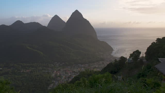 Pitons Mountain Peaks Near Town Of Soufrière In Saint Lucia