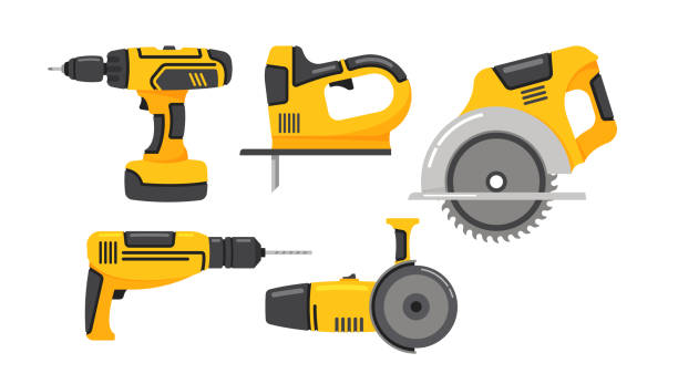 ilustraciones, imágenes clip art, dibujos animados e iconos de stock de conjunto de iconos de herramientas eléctricas aisladas sobre fondo blanco. instrumentos eléctricos profesionales. ilustración vectorial de dibujos animados - drill red work tool power