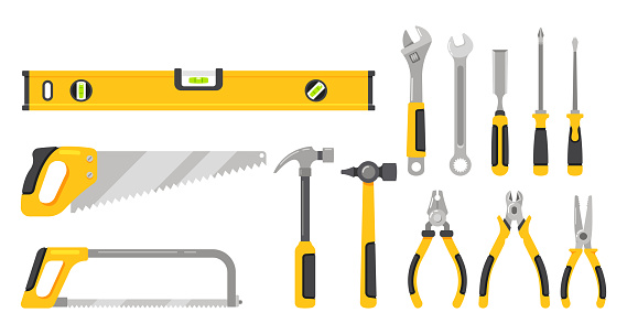 Manual Tools Isolated on White Background Icons Set. Repairman Instruments for Home and Professional Maintenance Collection. Construction Site Worker Equipment. Cartoon Vector Illustration