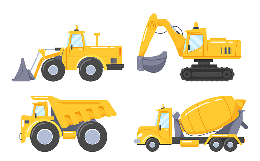 Heavy Transportation Cars and Construction Equipment for Building. Bulldozer, Excavator, Dump Truck and Concrete Mixer. Yellow Machinery for Work at Construction Site. Cartoon Vector Illustration