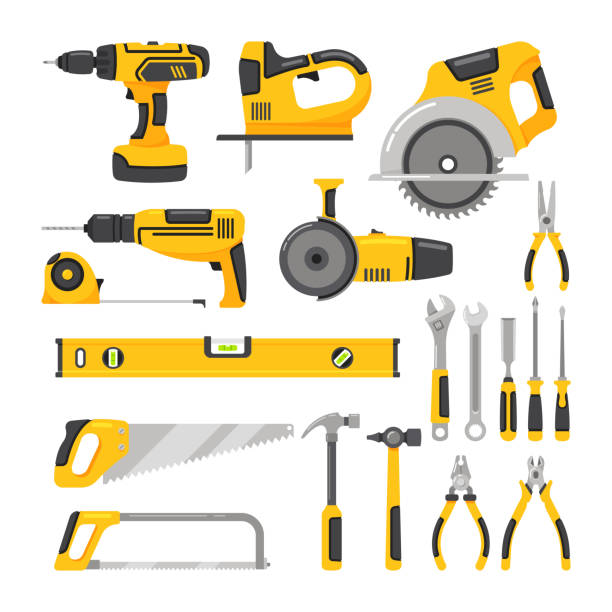 유지 보수 및 건설을위한 수동 및 전동 공구는 흰색으로 격리됩니다. 만화 벡터 일러스트 레이 션의 아이콘 세트 - drill power tool work tool carpenter stock illustrations