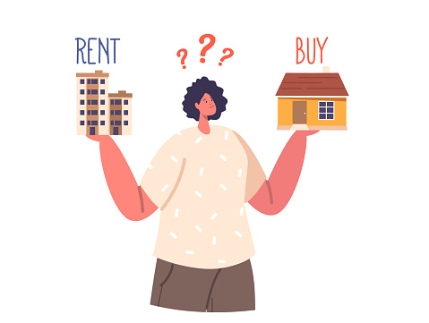 Financial Choice to Buy or Rent Apartment Isolated on White. Woman Choosing between Home Ownership and Rental. Doubting Character Making Decision. Cartoon People Vector Illustration