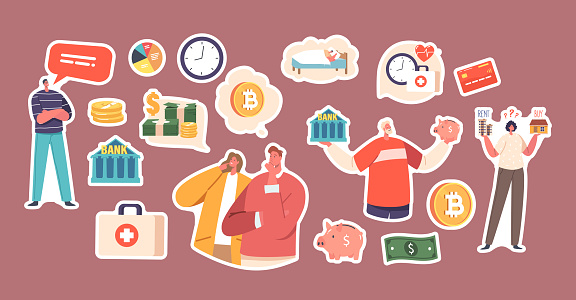 Set of Stickers Financial Choice. Men or Women Characters Holding Banking Items Dollar Banknotes, Bitcoins and Coins, Clock, Piggy Bank. People Earn Money Isolated Patches. Cartoon Vector Illustration