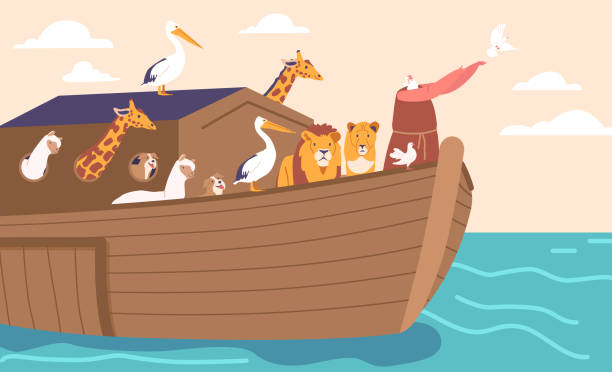 ilustrações de stock, clip art, desenhos animados e ícones de noah character releases dove standing on ark. biblical narrative of genesis flood. cartoon people vector illustration - ark animal elephant noah