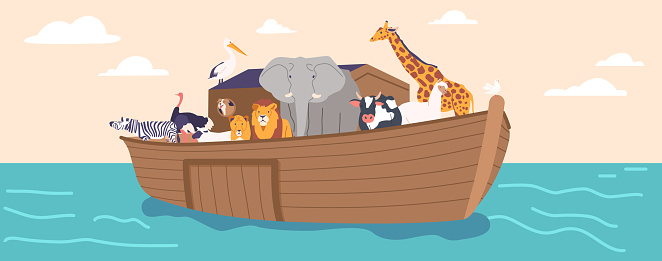 Animals on Noah Ark, God Salvation of Life on Earth Concept. Domestic and Wild Creatures on Large Wooden Ship Surrounded by Water. Famous Bible Story about Genesis Flood. Cartoon Vector Illustration