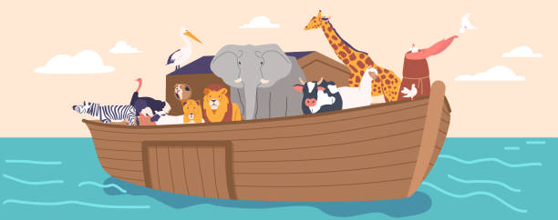 ilustrações de stock, clip art, desenhos animados e ícones de genesis flood narrative scene with ark and noah letting dove fly into sky. ship with saved animals sailing in ocean - arca