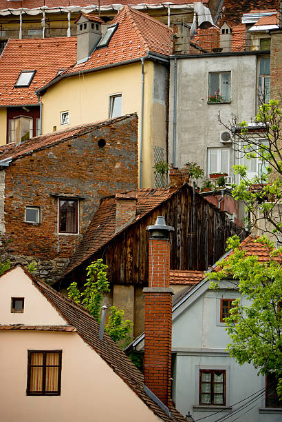 beautiful colored houses on the hill in zagreb, croatia stock photo