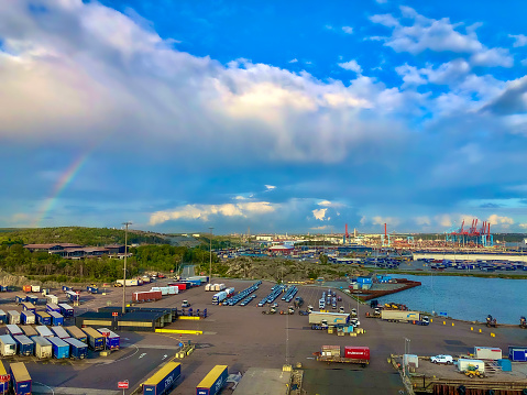 Göteborg, Sweden - August 2019: Rainbow over the cruise dock harbour in Gothenburg, taken during a Baltic Sea cruise.