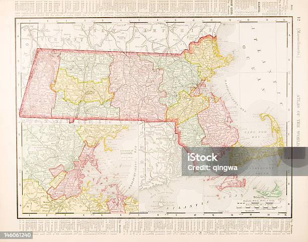 Couleur Vintage Ancienne Carte Du Massachusetts Étatsunis Vecteurs libres de droits et plus d'images vectorielles de Carte