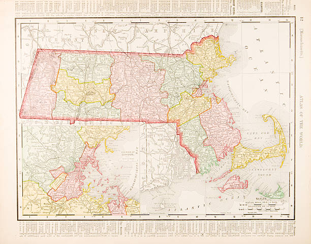 앤틱형 빈티지 색상 맵을 매사추세츠, 미국 - massachusetts map cartography nantucket stock illustrations