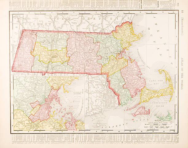 Antique Vintage Color Map of Massachusetts, United States Color map of the state of Massachusetts from 1900  - See lightbox for more massachusetts map stock illustrations