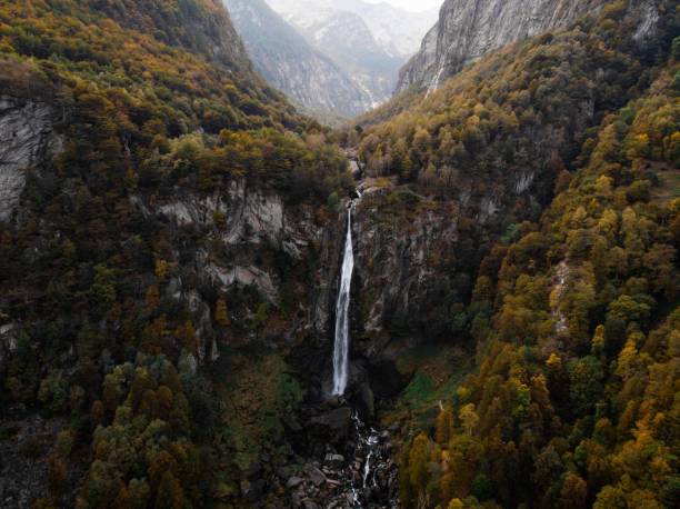 aerial panorama of foroglio waterfall river cliff swiss alps mountains in bavona maggia valley ticino switzerland europe - switzerland ticino canton valley church imagens e fotografias de stock