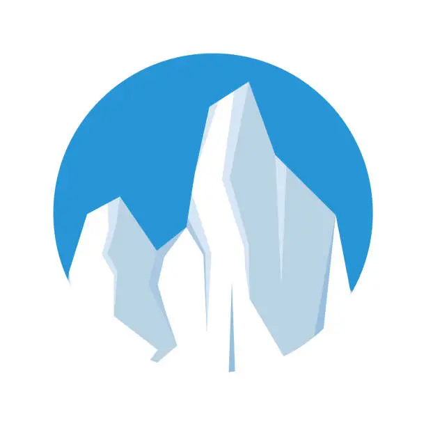 Vector illustration of Round floating iceberg, drifting arctic glacier, block of frozen ocean water. Icy mountains with snow. Melting ice peak. Antarctic snowy landscape. South and North Pole. Vector illustration