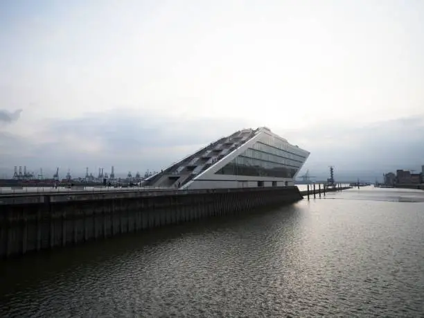 Panoramic view of Norderelbe Elbe harbour with modern architecture parallelogram shaped facade building Dockland Hamburg Germany Europe