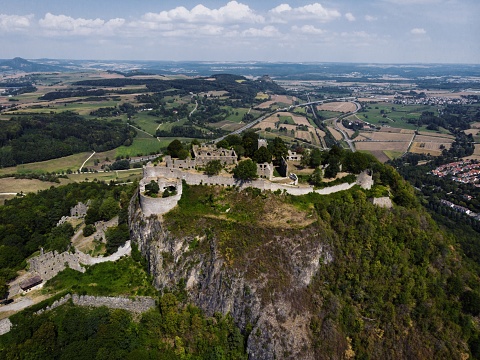 Aerial panorama of extinct Hegau volcanic mountain Hohentwiel fortress medieval hill castle ruins remains Singen Konstanz, Lake Constance Bodensee Baden-Wuerttemberg Germany Europe