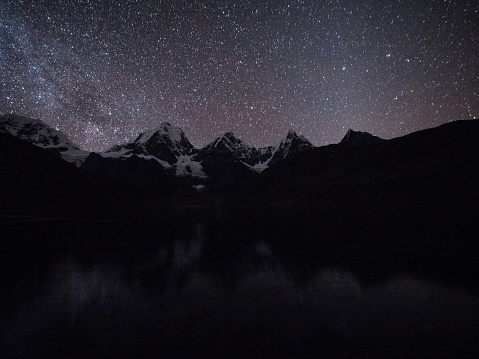 Night sky milky way stars panorama view at Cordillera Huayhuash Circuit andes alpine mountain lake Laguna Carhuacocha Ancash Peru South Latin America