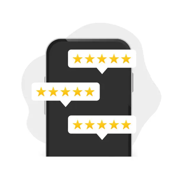 Vector illustration of User reviews. Mobile phone with star reviews, flat cartoon design of smartphone display and online reviews or customer reviews, social media reviews, star rating, notifications. Vector illustration