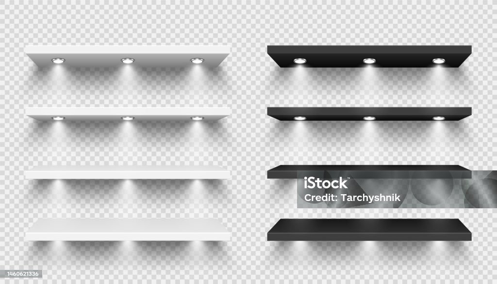 Store Shelf Graphics Realistic Store Shelves With Lighting Spotlights Empty Product Shelf ...