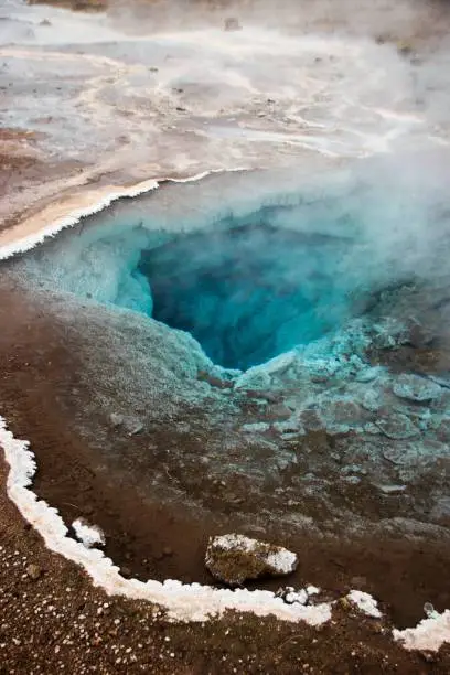 Photo of Turquoise bright blue boiling hot volcanic geothermal natural pond pool lake at Geysir Haukadalur Golden Circle Iceland