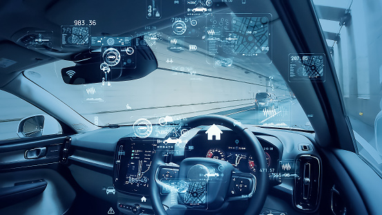 Cockpit of autonomous car. Driverless vehicle. Automotive technology.