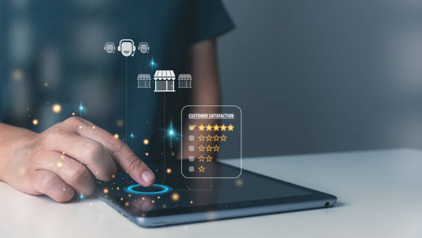 istock Customer satisfaction icon concept, customer using tablet to feedback service or survey concept, 5 stars satisfaction. 1460624025