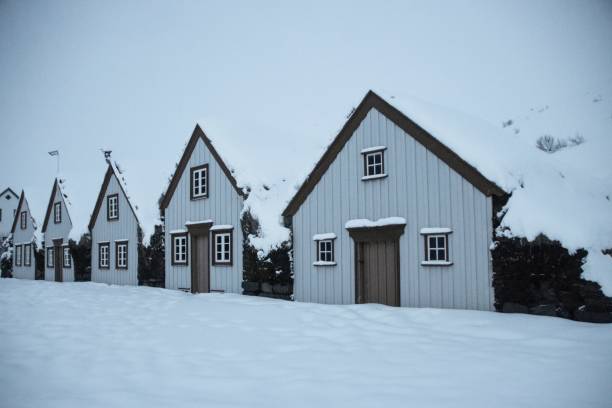 zimowa kraina czarów, śnieżna panorama, krajobraz przyrodniczy w muzeum laufas, eyjafjordur, grytubakki koło akureyri, północna islandia - nordic countries europe island fjord zdjęcia i obrazy z banku zdjęć